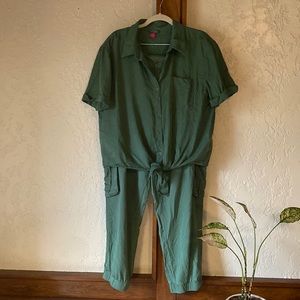 Two piece, Vince Camuto set. Army, green, cargo pants and top..
